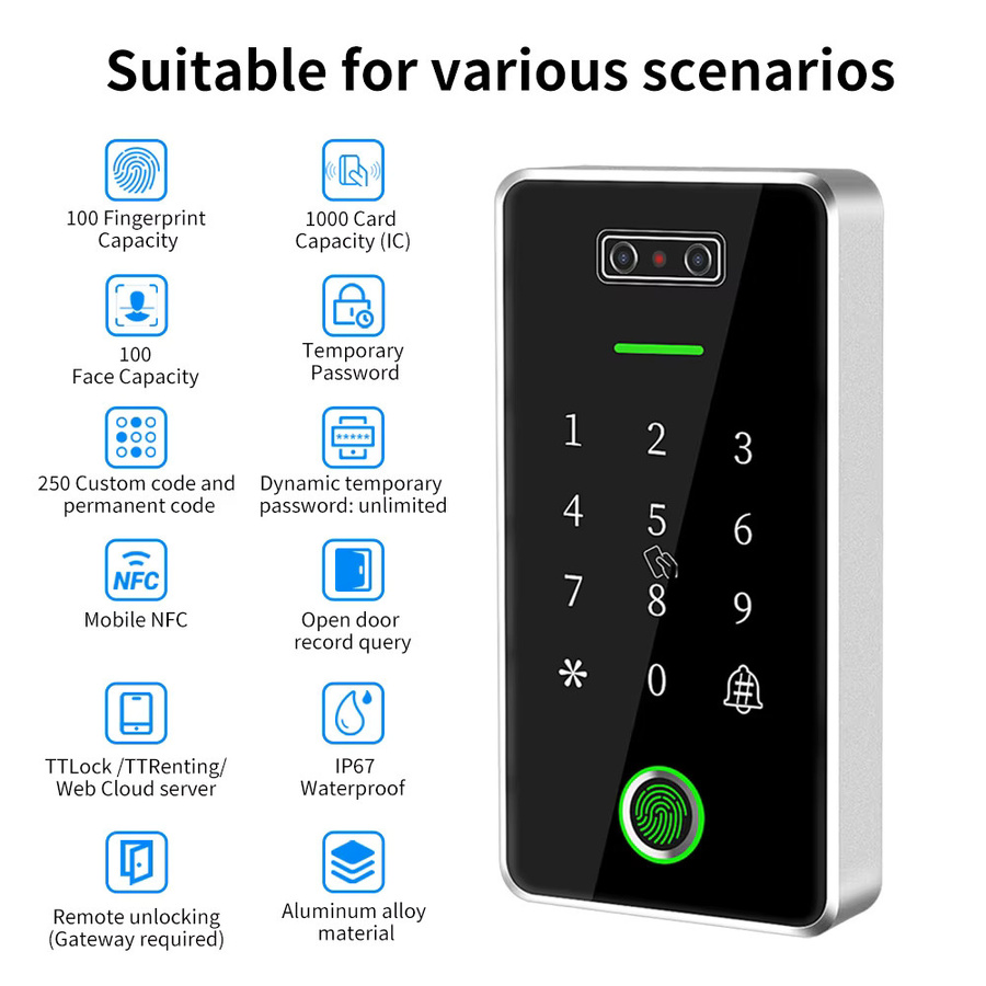 Asia-Teco TTLock App Zugangskontrolle MF03 Gesichtserkennungsgerät mit RFID M1 Karte und Fingerabdruckleser, IP67 Wasserdicht, Metall, Schwarz - Bild 3