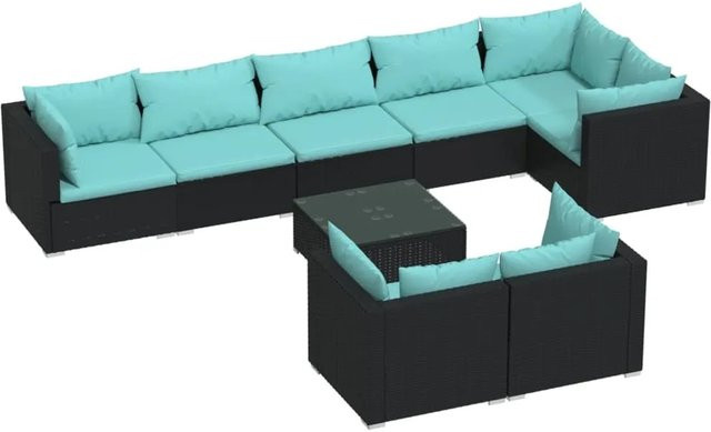 vidaXL 9-tlg. Garten-Lounge-Set in U-Form aus Poly-Rattan und pulverbeschichtetem Stahl in Schwarz mit blauen Kissen - Bild 1