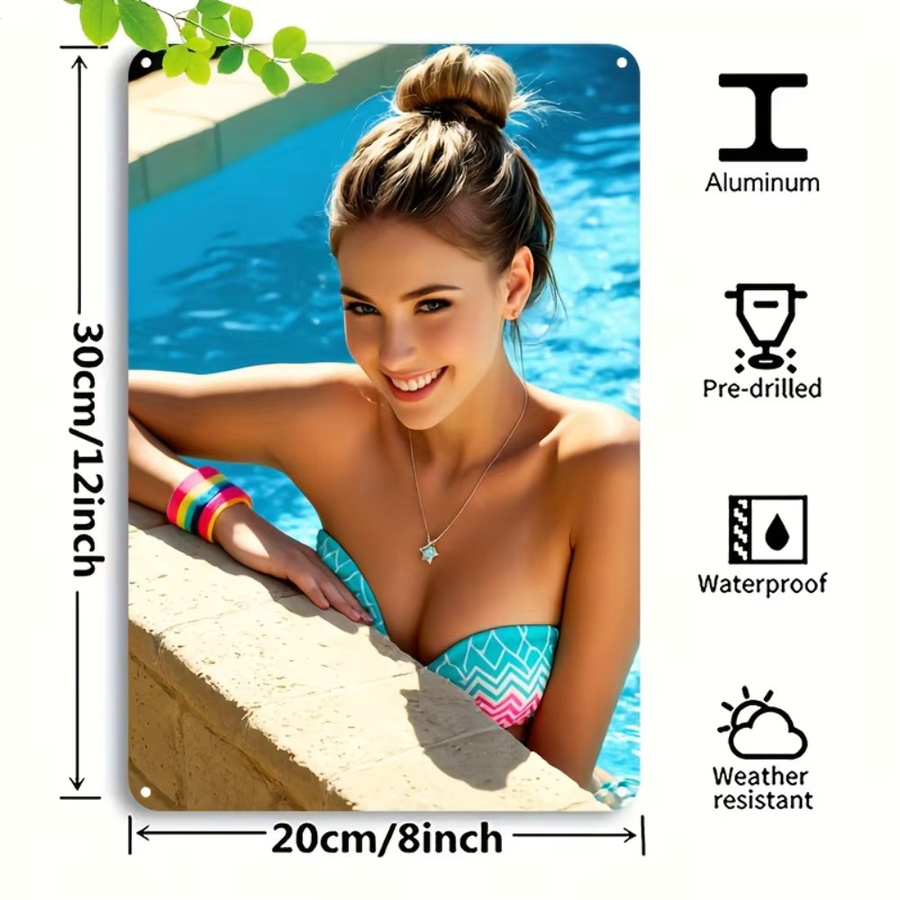 HELLOYOUNG Vintage Metall-Blechschild Lady Poolside, Retro Art-Deco Wanddekoration, Mehrfarbig, B: 20,3 cm, H: 30,5 cm - Bild 2