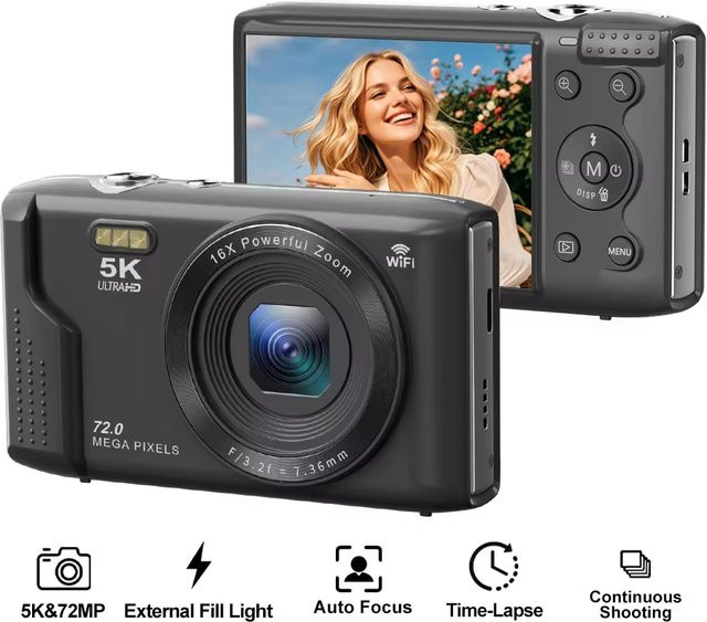 Ourlife 5K Digitalkamera mit 72MP, 2,8 Zoll LCD-Bildschirm, 16-fachem Digitalzoom und wiederaufladbarem Akku für Vintage-Fotografie und Vlogs in Pink oder Black - Bild 1