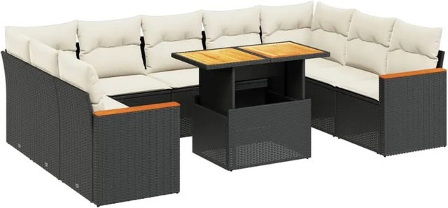 vidaXL 10-tlg. Garten-Sofagarnitur in L-Form aus Polyrattan und Akazienholz mit Kissen, Schwarz - Bild 1