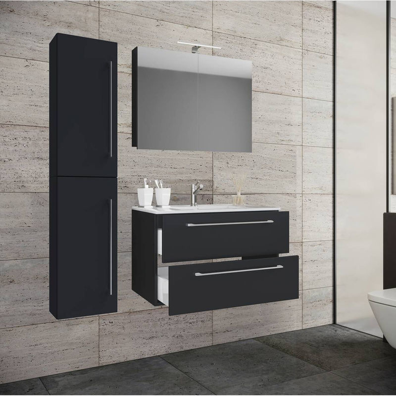 VCM Badinos 4-tlg. Badezimmer-Set in Schwarz mit Keramik-Waschtisch, Spiegelschrank und Hochschrank, B/H/T: 81 x 151 x 46 cm - Bild 4