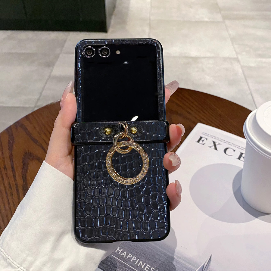 Luxuriöse Motorola Handyhülle mit Krokodil-Textur und Glitzer-Diamant-Ring-Schnalle in Schwarz oder Grün - Bild 2
