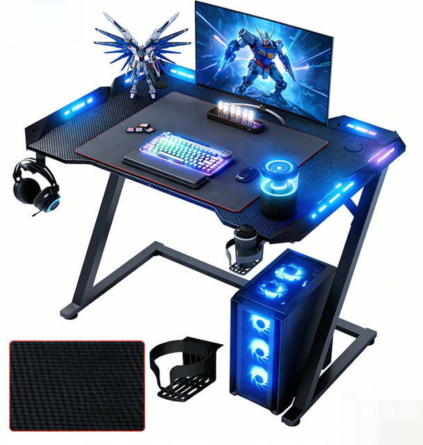 Claiks Gaming-Schreibtisch mit LED-Beleuchtung in Schwarz, moderner Z-Rahmen aus Metall mit Getränkehalter und Kopfhörerhaken - Bild 1