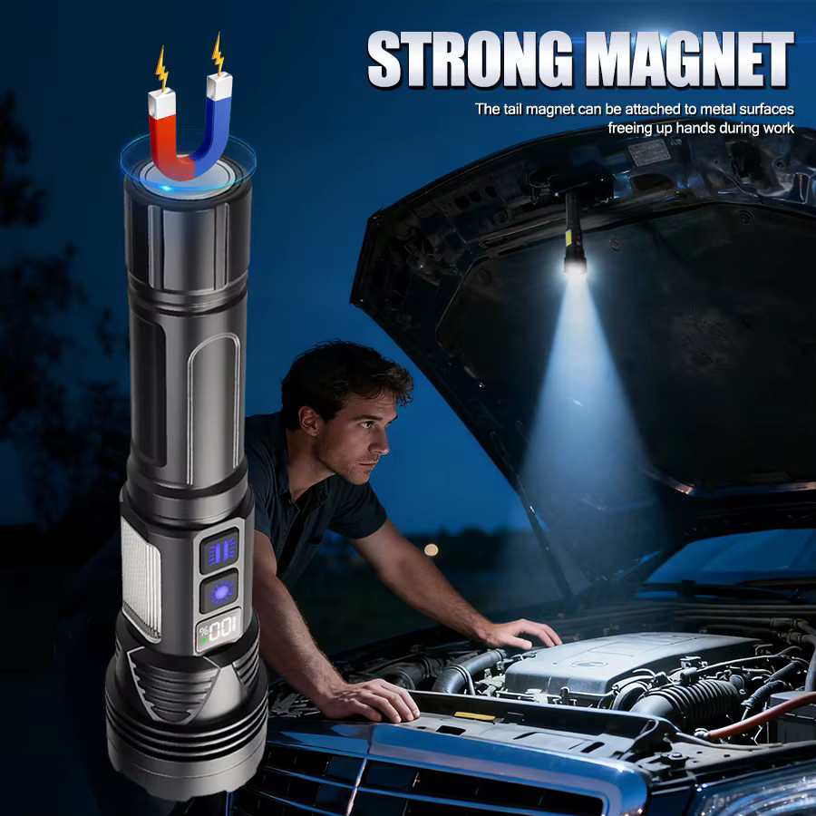 Heinast LED-Handtaschenlampe aus Aluminium in Schwarz, USB-aufladbare taktische Zoom-Taschenlampe mit Magnet und 11 Modi - Bild 4