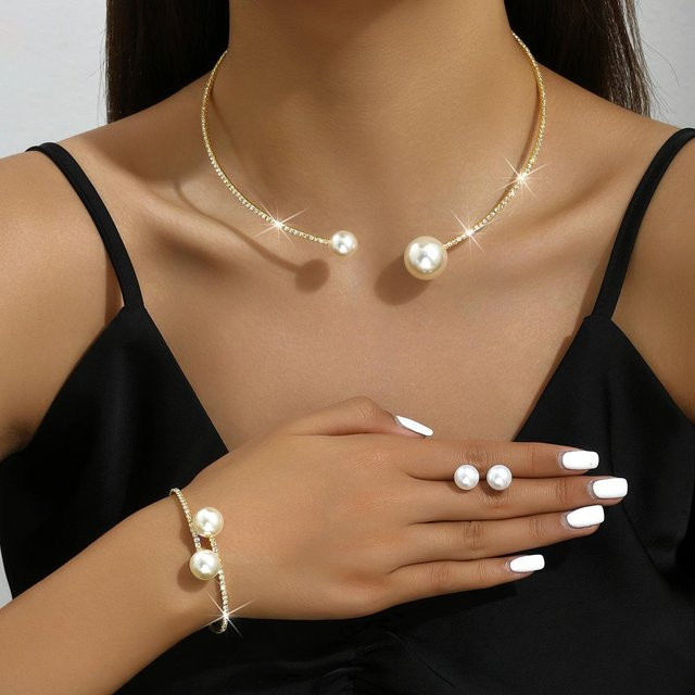 Schmuckset Damen, Perle, Diamant-Halskette, Armband, Ohrringe, Messing, Gold - Bild 1
