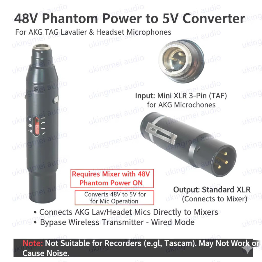HTDZ 48V Phantom Netzteil für XLR 3-Pin und Shure 4-Pin Lavalier Headset Mikrofone, Schwarz - Bild 4