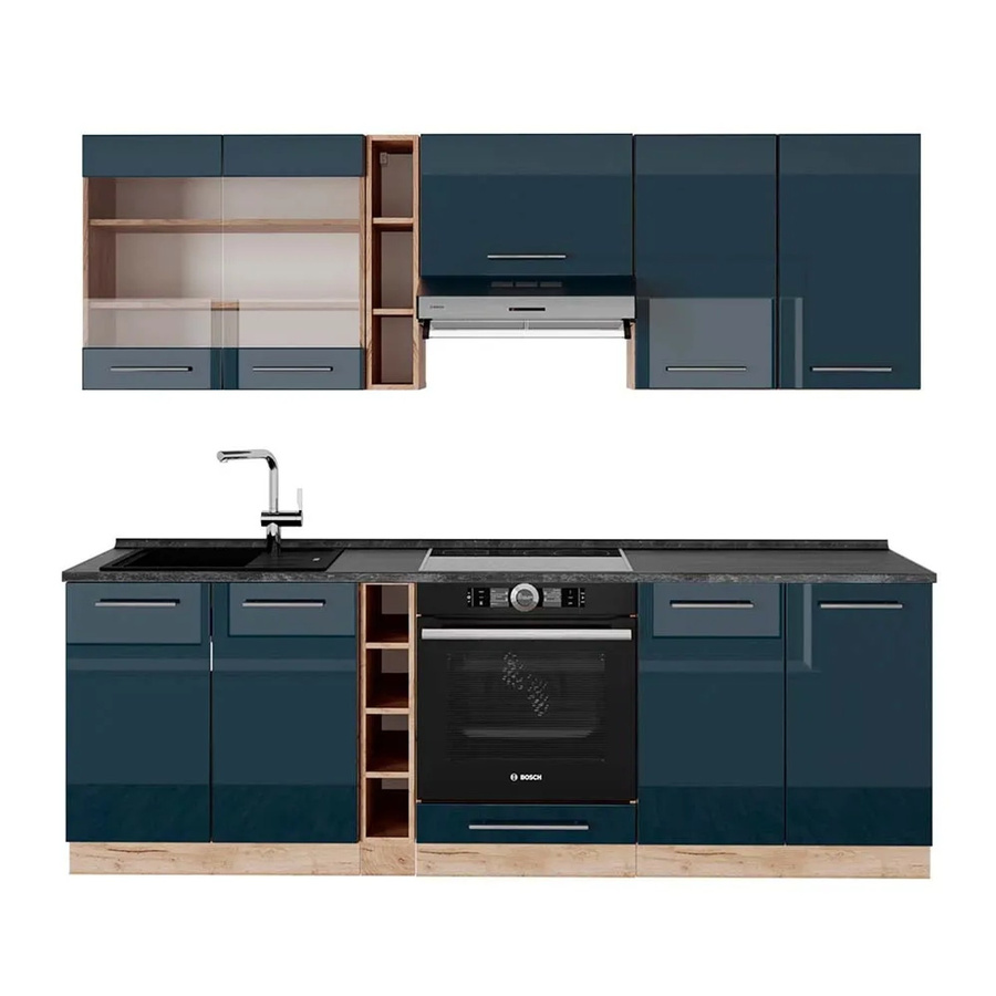 Vicco Küchenzeile Fame-Line Eiche Dunkelblau Hochglanz mit Arbeitsplatte Anthrazit Breite: 235 cm - Bild 3