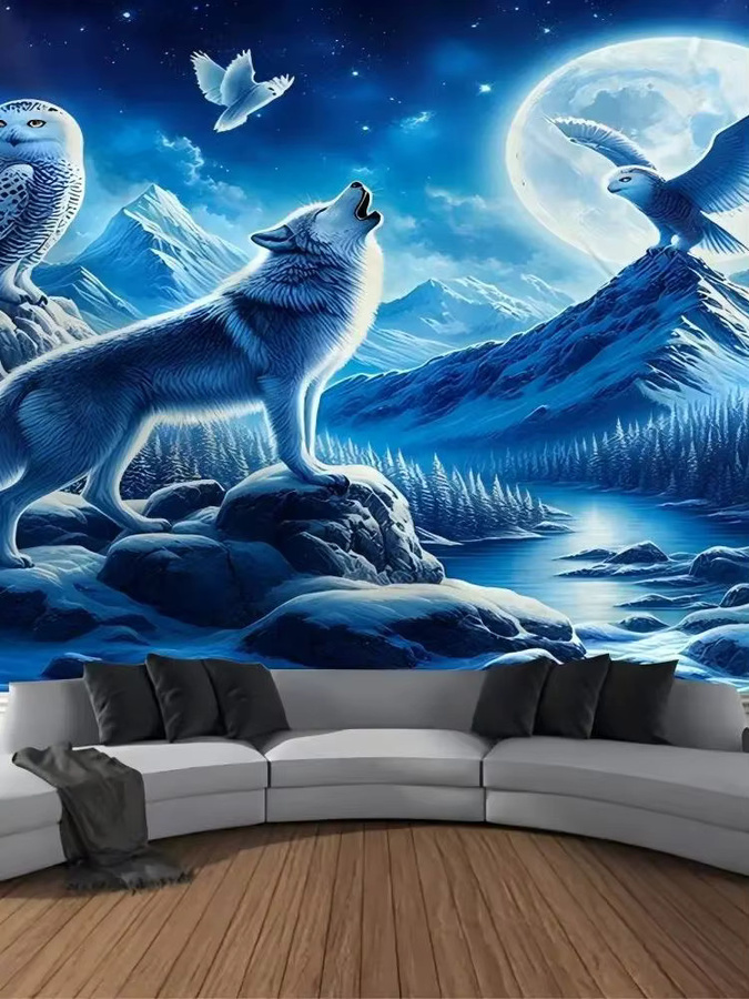 VIKAMA Snow Guardian Wandteppich mit Sternenmond-Motiv in Blau, Boho-Stil, Rechteckig, B/H: 60 x 40 cm - Bild 3