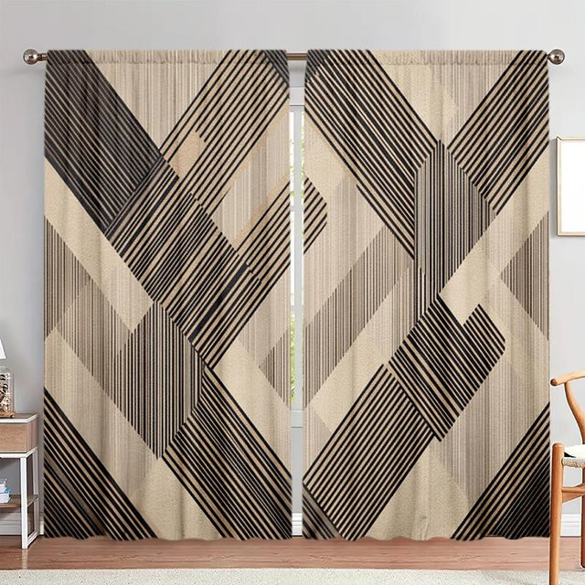 2er-Set moderne halbtransparente Vorhänge mit unregelmäßigem Streifenmuster in Grau und Beige, Breite: 52,5 cm, Höhe: 116 cm - Bild 1