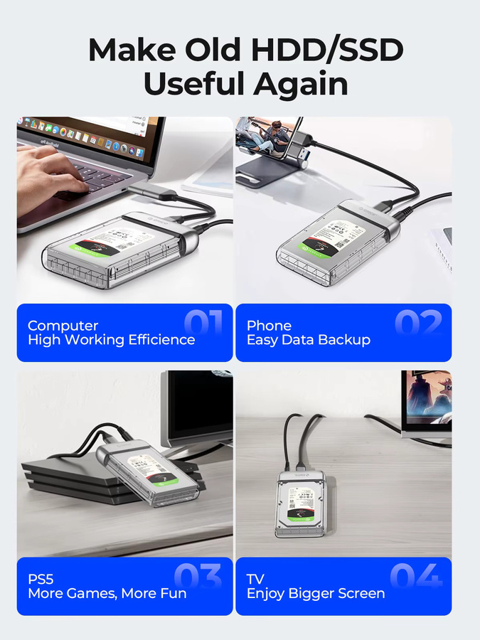 Orico 2,5-Zoll Festplattengehäuse aus Metall mit USB-C Anschluss und 5 Gbit/s Übertragungsrate, transparentes Design mit automatischem Ruhezustand für PC und Laptop - Bild 3