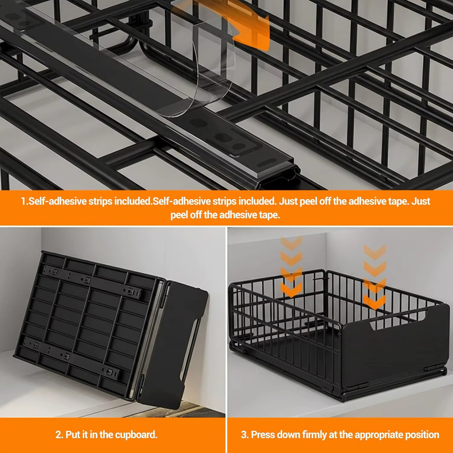 Garvee Faltbare und herausnehmbare Schrankschublade aus Metall in Schwarz, ausziehbarer Organizer für Küche, Bad und Schlafzimmer, Breite: 43 cm - Bild 3