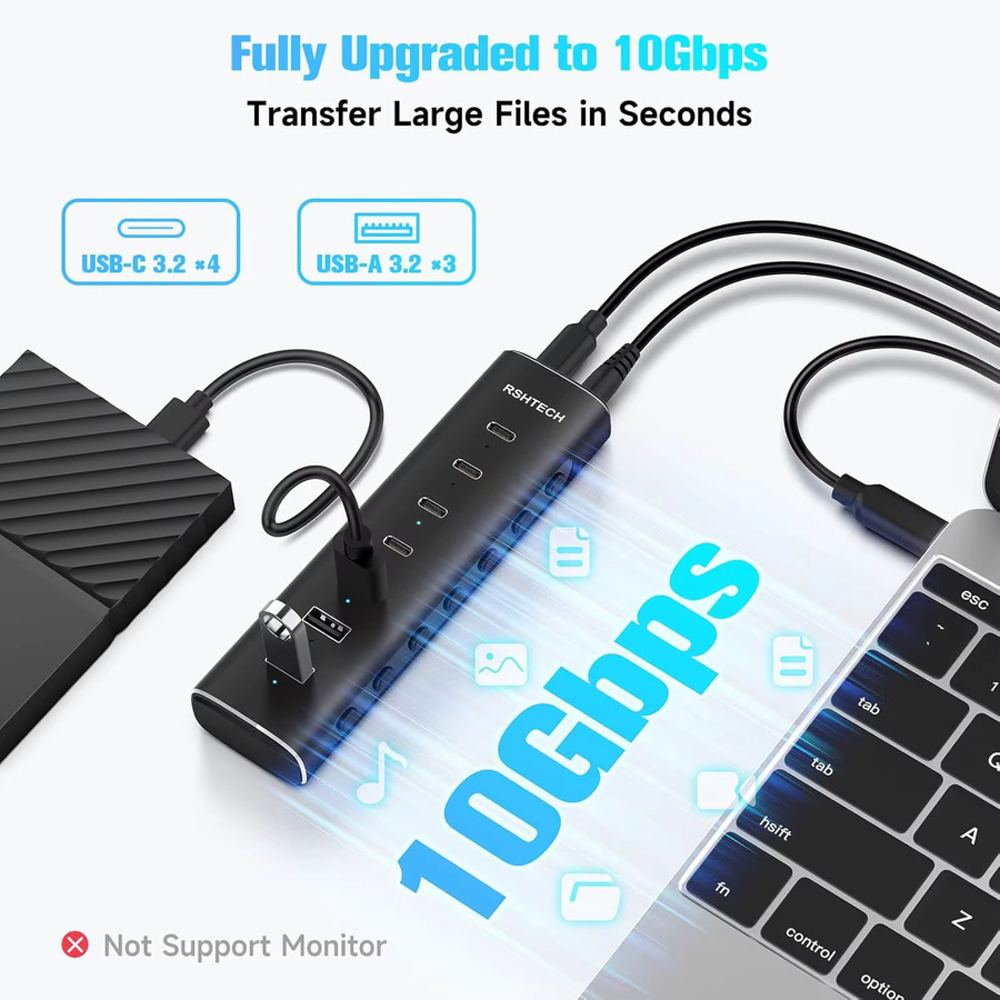 RSHTECH 7-Port USB-C Hub mit Stromversorgung, 10 Gbit/s, schwarzer Aluminium-USB-Splitter mit individuellen Touch-Schaltern für Laptop und PC - Bild 3