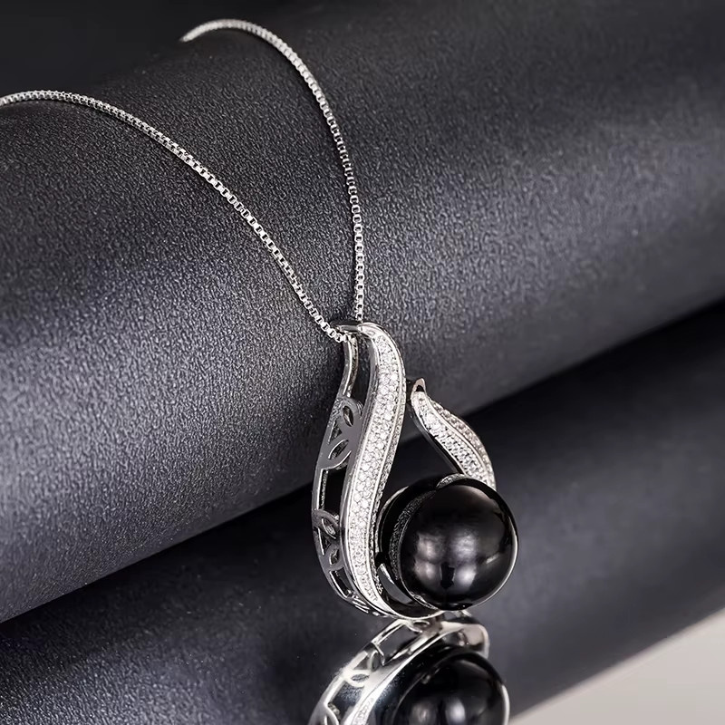 Huitan Halskette, Blatt-Design, schwarze Perle, Zirkonia, Damen - Bild 4