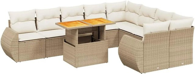 vidaXL 10-tlg. Garten-Sofagarnitur in L-Form aus Poly-Rattan und Akazienholz mit Kissen, Beige/Cremeweiß - Bild 1