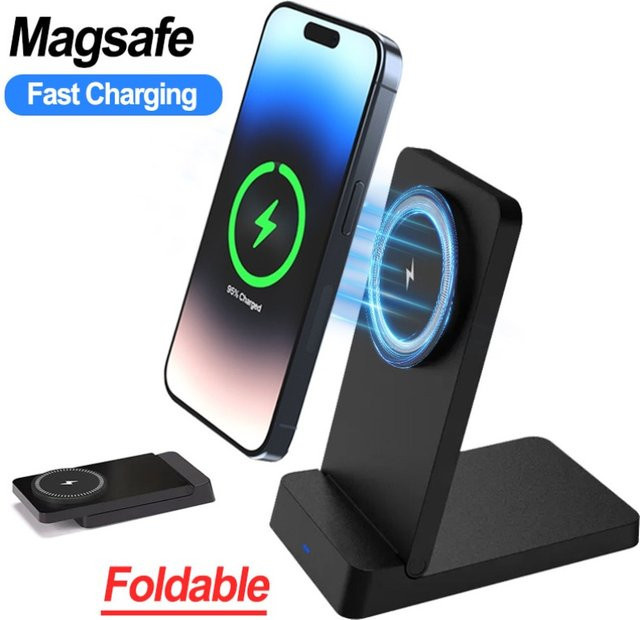 VIKEFON Magnetisches faltbares kabelloses Ladegerät und Desktop-Telefonhalter in Schwarz für MagSafe iPhone 16 15 14 13 12 Pro Max 11 - Bild 1