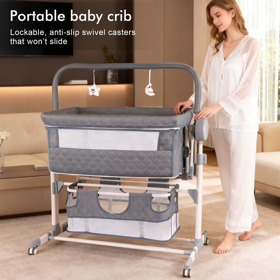 Tragbare Babywiege als faltbares Reisebett und Beistellbett für Neugeborene mit Netzseiten, Rollen und Aufbewahrungskorb in Beige oder Grau - Bild 1