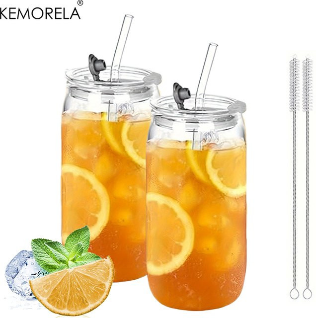KEMORELA Glas Becher mit Deckel und Stroh, transparent, 470 ml - Bild 1