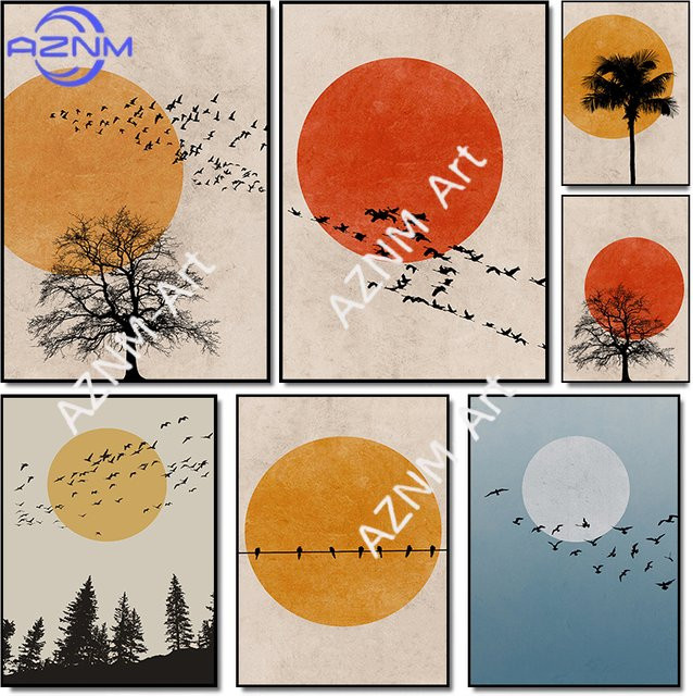 KAYOU Abstrakte Leinwand Wandkunst Minimalistisches Poster mit Vogel und Sonnenuntergang in Rot und Multicolour - Bild 1