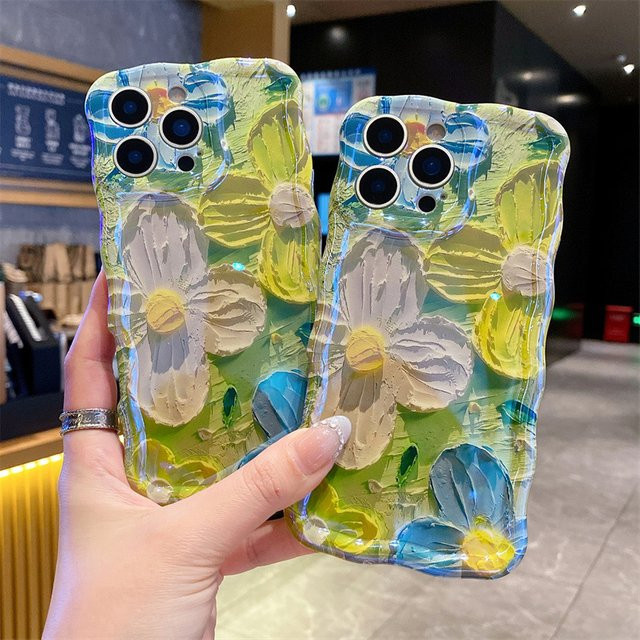 MUQGEW Schutzhülle für iPhone mit blauem Licht-Ölgemälde Blumen-Design, stoßfest, Farben: Blau, Grün, Multicolour - Bild 1