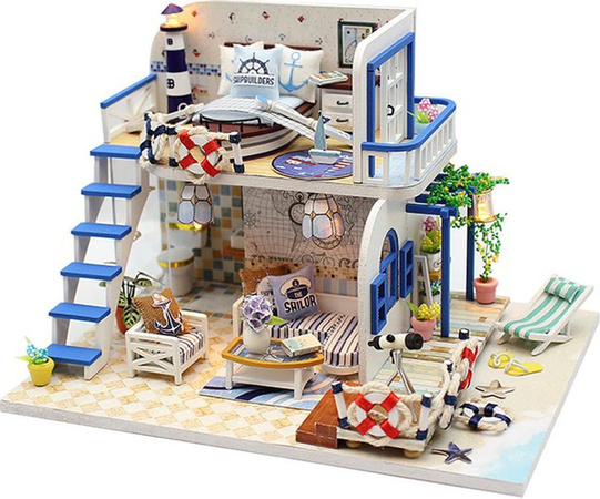 zuuton Mini-Puppenhaus 3D-Holzpuzzle Strandhaus mit Möbeln in Mehrfarbig