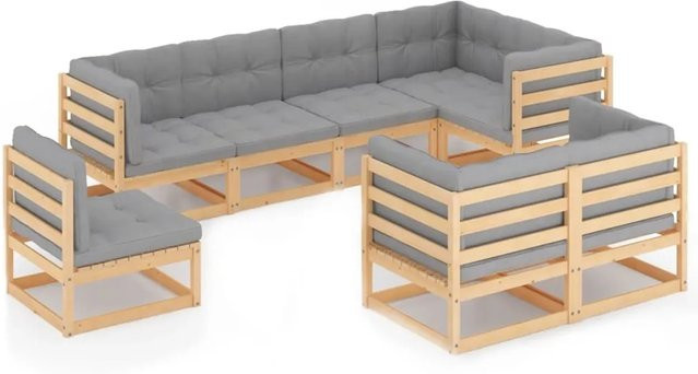 vidaXL 8-teiliges Garten-Lounge-Set aus massivem Kiefernholz in L-Form mit grauen Kissen - Bild 1