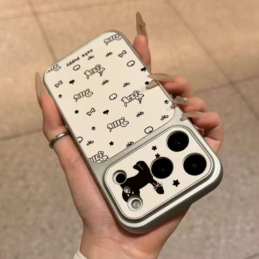 AKABEILA Handyhülle mit Ledertextur und Cartoon-Welpen-Design für iPhone, Silikonhülle mit Trageschlaufe, Farbe: Weiß - Bild 4