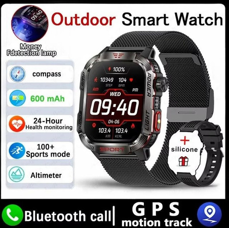 Militär-GPS-Smartwatch für Herren mit Taschenlampe, Kompass und Bluetooth-Anruf, wasserdicht, Farbe: Schwarz mit Mesh-Armband