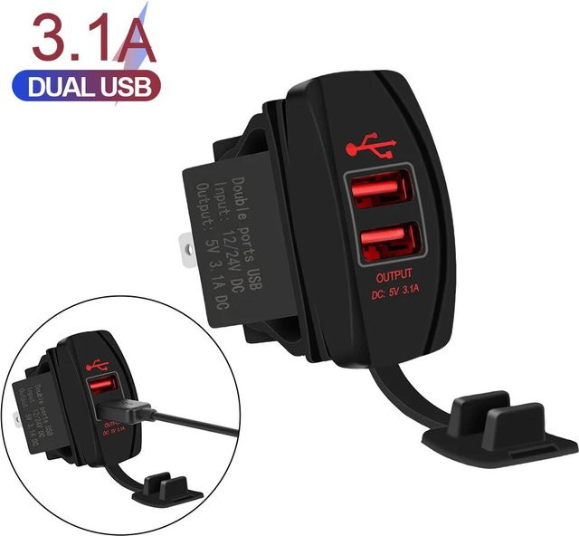 Dual-USB-Ladegerät mit LED-Steckdose für LKW, Wohnmobil und Wohnwagen, 5V 2.1A, Schwarz, staubdicht - Bild 1