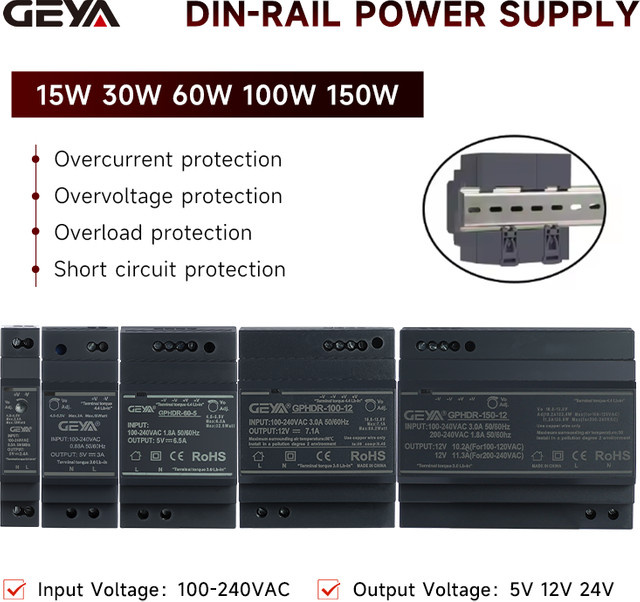 GEYA HDR DIN-Schienen-Schaltnetzteil mit Multi-Power und breitem Spannungseingang für 5V-24V Ausgang - Bild 1
