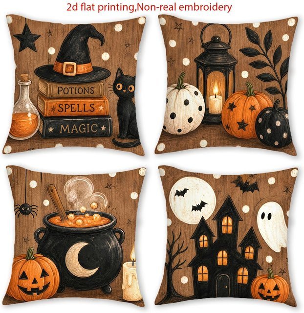 4er-Set JFPillowPal Kissenbezüge aus Plüsch in Braun und Multicolour, Rustikaler Bohème-Stil für Herbst und Halloween, Quadratisch, B/T/H: 45 x 45 x 45 cm - Bild 1