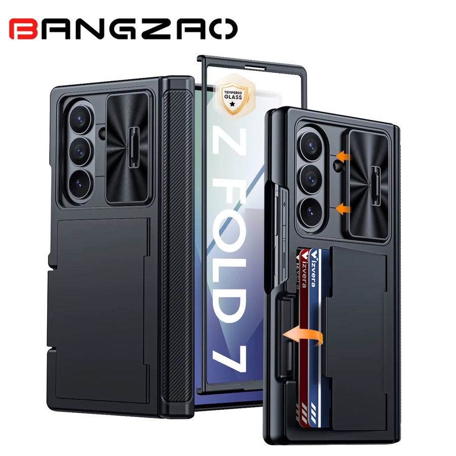 BANGZAO Stoßfeste Handyhülle für Galaxy Z Fold 7 mit Kartenhalter, Schiebe-Kameraabdeckung und RFID-Blockierung in Schwarz - Bild 6