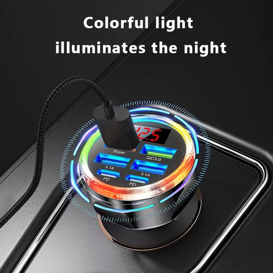 UYUXIO 6-in-1 USB-C Autoladegerät mit Spannungsanzeige und Voltmeter in Schwarz - Bild 3