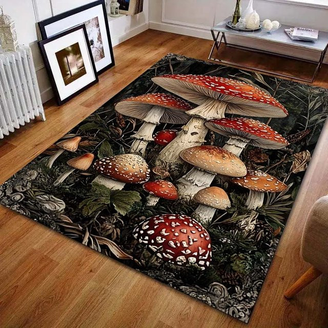 UQIDEHOME Teppich mit Pilzdruck in Braun und Multicolour, weiche und rutschfeste Bodenmatte für Wohnzimmer oder Schlafzimmer, B/T: 60 x 40 cm - Bild 1