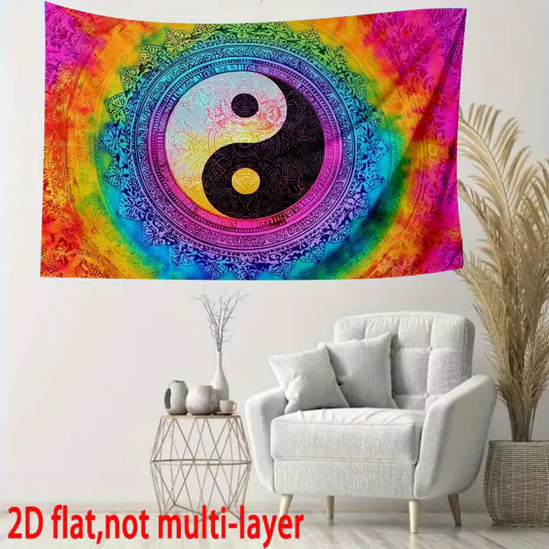 VIKAMA Wandteppich im Mandala-Stil mit Yin-Yang und Tai-Chi Design, mehrfarbiger Bohemian Wandbehang aus Textil, B/H: 60 x 40 cm - Bild 2