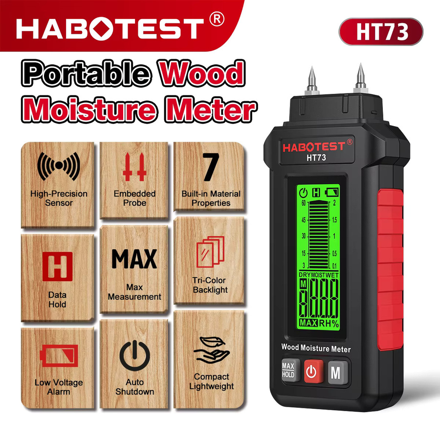 HABOTEST Digitales Holzfeuchtemessgerät HT73 mit hoher Genauigkeit im Stifttyp für Brennholz, Holz und Baumaterialien - Bild 3