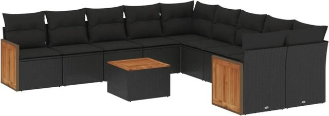 vidaXL 11-tlg. Garten-Sofagarnitur in U-Form aus Poly-Rattan und Akazienholz mit Kissen, Schwarz - Bild 1