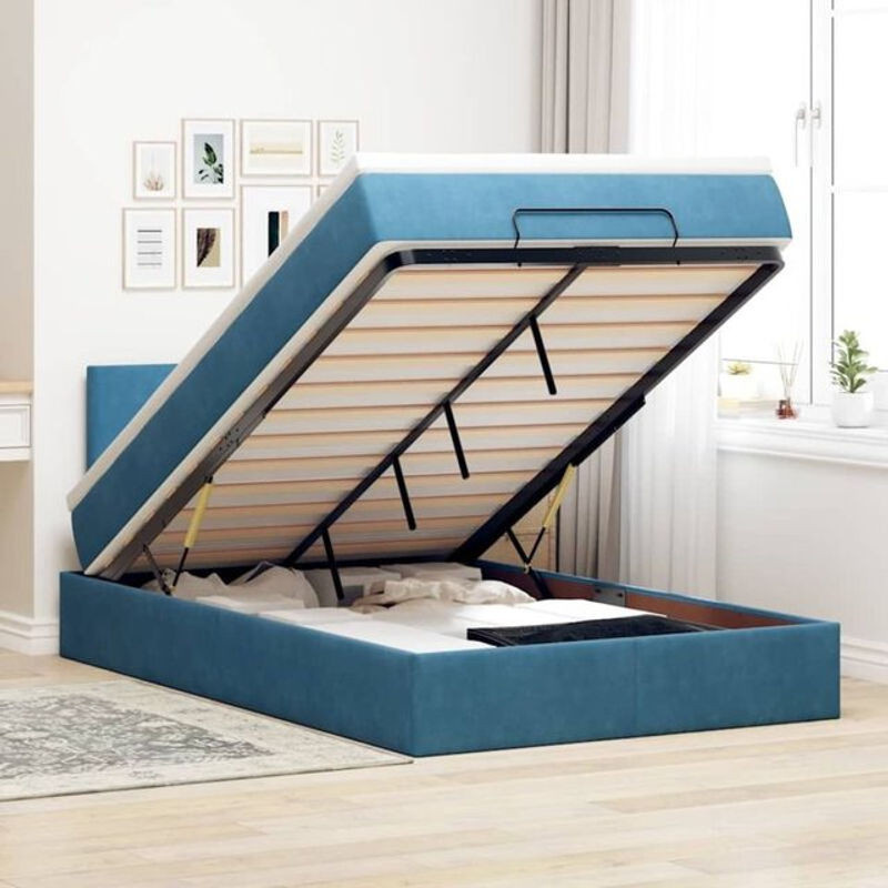 vidaxl Ottoman Polsterbett mit Matratze und LED-Beleuchtung aus Samt in Dunkelblau, B/T/H: 120 x 200 x 88 cm - Bild 1