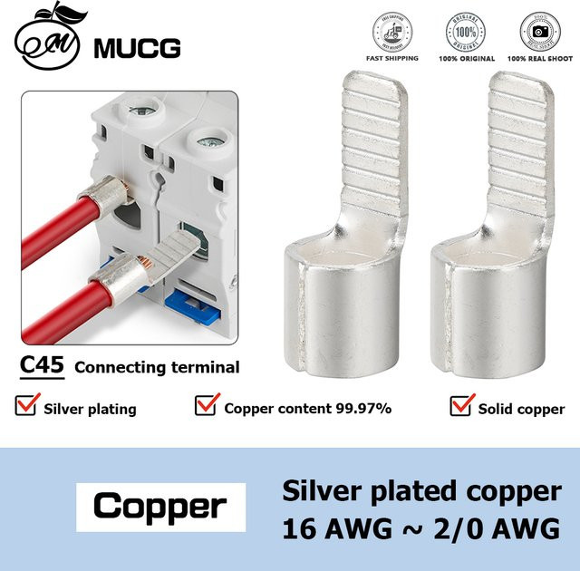 MUCG Crimpanschluss C45 DZ47 aus massivem Kupfer und Silber-Plattierung für Drähte und Kabel, Farbe: Silber - Bild 1