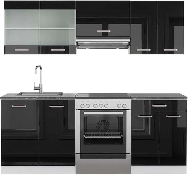 Vicco R-Line Küchenzeile Schwarz Hochglanz und Weiß Anthrazit B: 200 cm, T: 60 cm, H: 82 cm - Bild 1