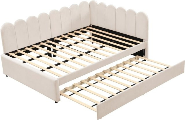 Merax L-Form Schlafsofa mit Ausziehbett in Beige, Polsterung aus Samt für dein Wohnzimmer, B/T/H: 140 x 200 cm - Bild 1