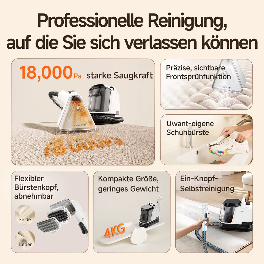 Uwant Y100 Tragbarer Teppichreiniger mit 18kPa Saugkraft und Sprühbürste in Weiß für Sofa, Auto, Schuhe und Tierhaare - Bild 2