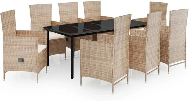 vidaXL 9-teilige Garten-Essgruppe aus PE-Rattan und Stahl in Beige mit Glasplatte und Auflagen - Bild 1