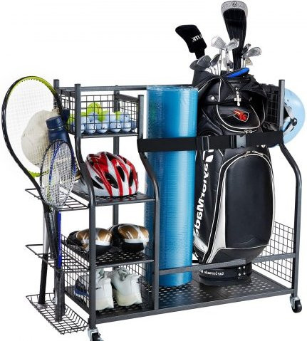 VEVOR Golf Storage Garage Organizer mit 2 Golfbag-Haltern und Rollwagen, Sportgeräte-Regal aus Stahl in Schwarz - Bild 1