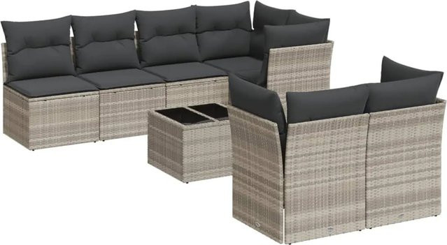 vidaXL 8-tlg. Garten-Sofagarnitur in L-Form mit Kissen und Couchtisch, Hellgrau, Poly Rattan und Metallrahmen - Bild 1