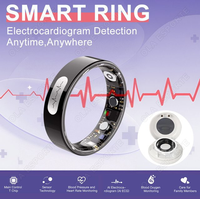 Ola Esporte Smart Ring mit EKG-Monitor, Herzfrequenz- und Blutsauerstoffmessung, Temperaturüberwachung und Multi-Sport-Modus, 3ATM Wasserdicht, Schwarz, Unisex - Bild 1
