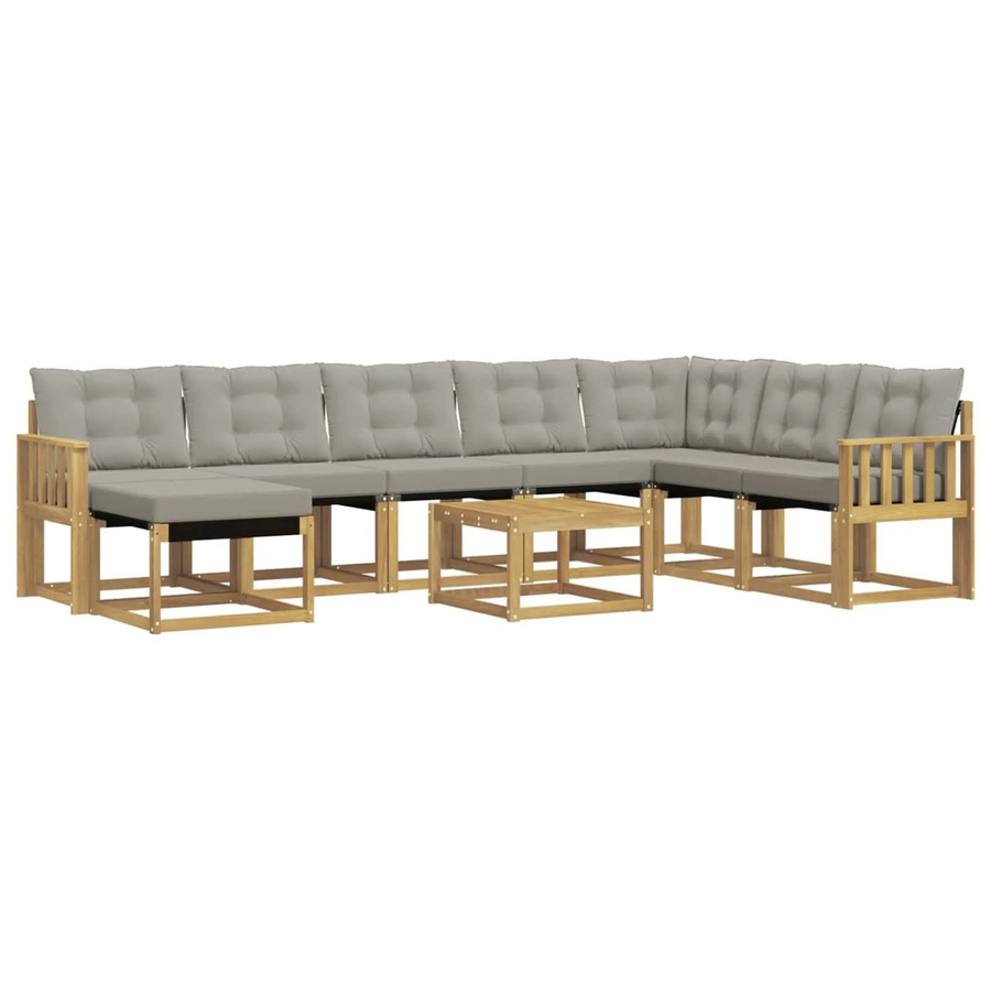 vidaXL Outdoor-Sofagarnitur 9-teilig in L-Form aus massivem Akazienholz mit Textilene-Bezug und Kissen in Weiß-Hellgrau - Bild 2