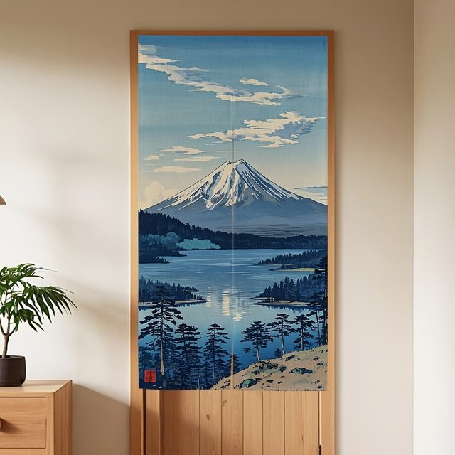 VIKAMA Japanischer Ukiyo-e Türvorhang im Mount-Fuji-Stil, blauer Sichtschutz und Raumteiler für Teeraum oder Flur - Bild 1