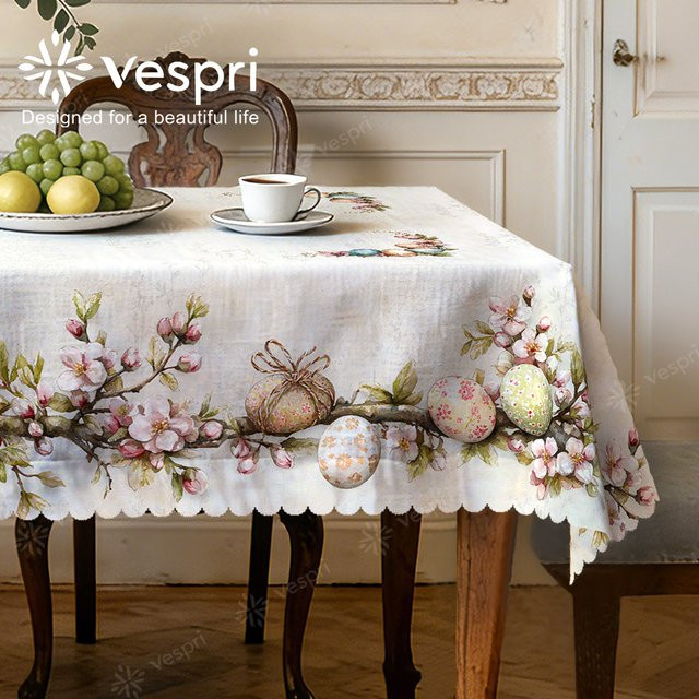 Vespri Frühlingstischdecke aus Leinen mit Blumenmuster in Pastellrosa und Weiß für Ostern - Bild 1
