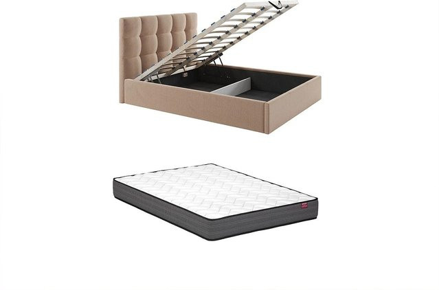 Vente-unique Bett Mirdal mit Bettkasten in Beige, gepolstert mit Samt, B/T/H: 210 x 106 x 213 cm - Bild 1